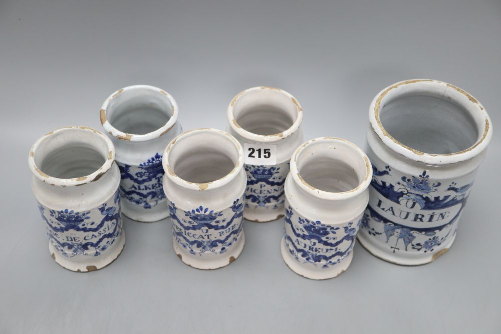 Five various Delft drug jars and another larger, tallest 16cm